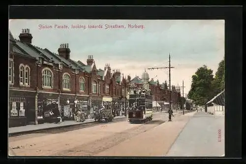 AK London, Station Parade, looking towards Streatham, Norbury, Strassenbahn