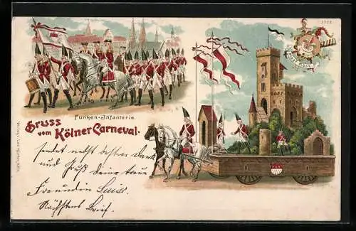 Lithographie Kölner Karneval mit Funken-Infanterie