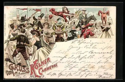 Lithographie Köln, Carneval, kostümierte Gäste auf dem Festplatz