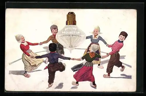 Künstler-AK Reklame Philips Projetor Lampen, Kinder tanzen um Glühbirne