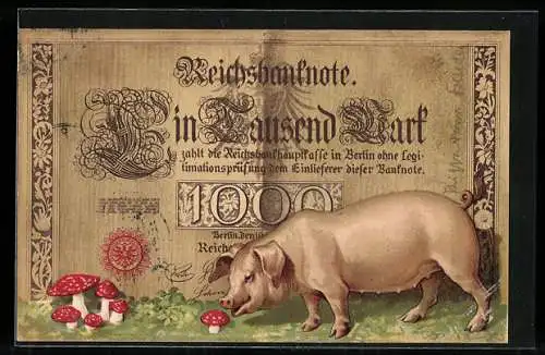 AK 1000 Mark Reichsbanknote mit Schwein und Fliegenpilzen