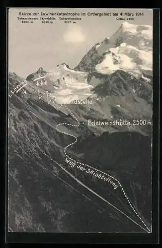 AK Sulden, Skizze zur Lawinenkatastrophe im Ortlergebiet 1914