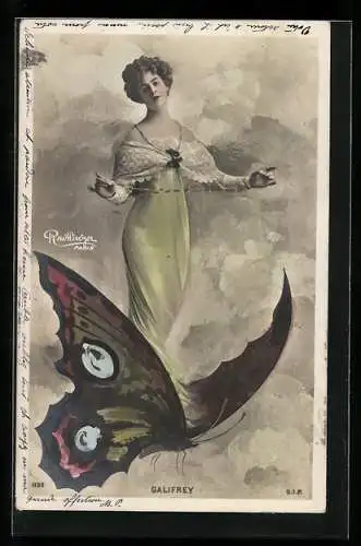 Foto-AK Atelier Reutlinger, Paris: Dame auf einem Schmetterling