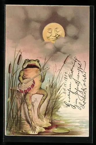 Lithographie Frosch spielt dem Mond Banjo vor und singt zum Einschlafen