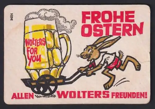 Bierdeckel-AK Ostergruss von Wolters Bier, Osterhase mit Schubkarre