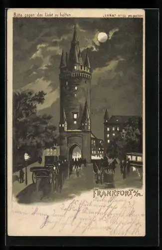 Lithographie Frankfurt a. M., Stadttor bei Nacht, Leuchtende Fenster bei Halt gegen das Licht