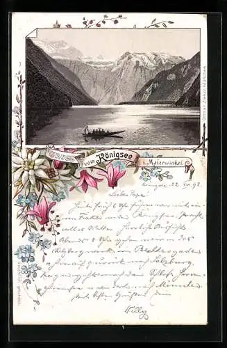 Vorläufer-Lithographie Berchtesgaden, 1893, Königsee und Malerwinkel im Edelweiss-Passepartout