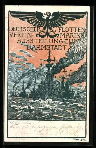 Künstler-AK Stuttgart, Marine-Ausstellung Deutscher Flottenverein 1900, Kriegsschiffe auf dem Meer