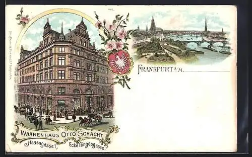 Lithographie Frankfurt a. M., Waarenhaus Otto Schacht, Hasengasse 1 Ecke Töngesgasse und Gesamtansicht