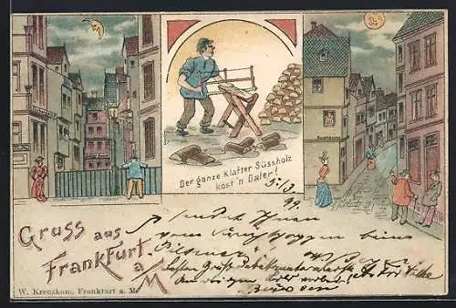 Lithographie Frankfurt a. M., Mann sägt Holz und Strassen bei Nacht