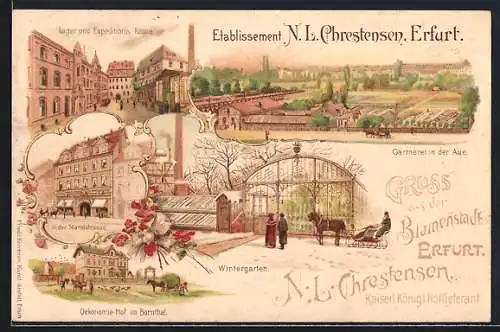 Lithographie Erfurt, Etablissement N. L. Chrestensen, Lager- und Expeditions-Räume, Oekonomie-Hof im Bornthal