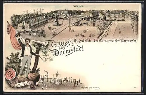 Lithographie Darmstadt, 50. jähr. Jubelfeier der Turngemeinde, Festplatz und Vorführung