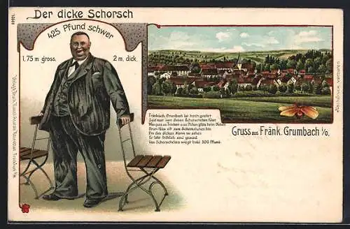 Lithographie Fränkisch-Crumbach, Ortsansicht und Der dicke Schorsch