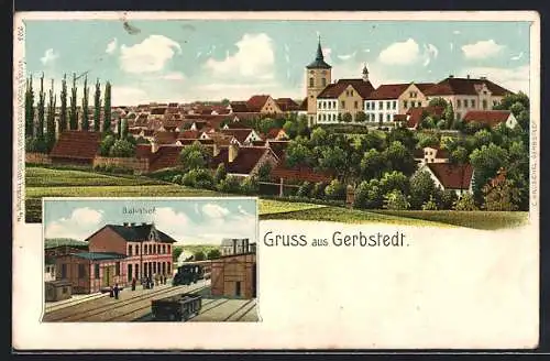 Lithographie Gerbstedt, Ortsansicht und Bahnhof