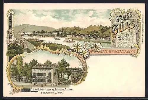 Lithographie Güls / Mosel, Panorama mit Flusspartie, Gasthaus zum goldenen Anker