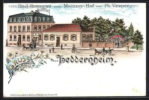 Lithographie Frankfurt-Heddernheim, Hotel-Restaurant zum Mainzer-Hof, Bes. Ph. Vesper, Aussenansicht