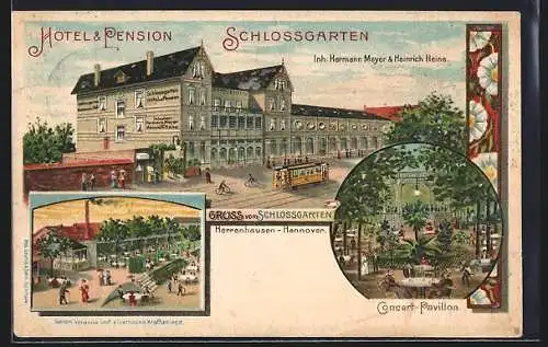 Lithographie Hannover-Herrenhausen, Hotel & Pension Schlossgarten v. H. Meyer & H. Heine, Strassenbahn