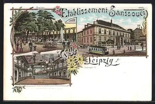 Lithographie Leipzig, Restaurant Sansoussi, Elsterstrasse 12, Garten und Saal