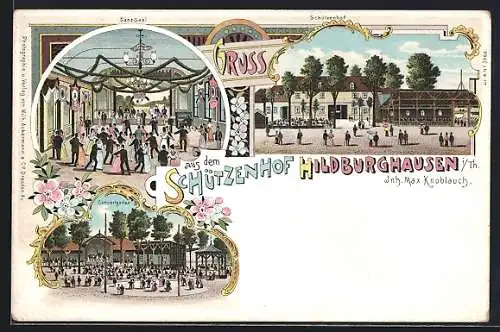 Lithographie Hildburghausen i. Th., Schützenhof, Inh. Max Knoblauch, Tanzsaal, Concertgarten