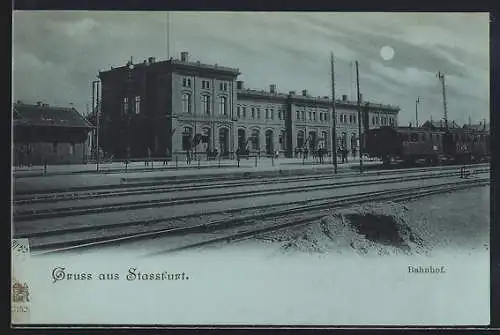 Mondschein-AK Stassfurt, Bahnhof bei Nacht