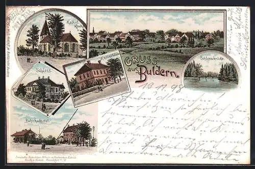Lithographie Buldern, Kathol. Kirche, Schlossbrücke und Bahnhofhotel