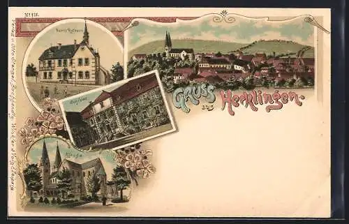 Lithographie Hecklingen / Anhalt, Kirche, Schloss, Pfarrhaus, Ortsansicht