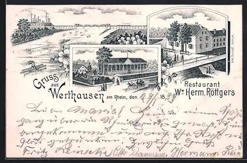 Lithographie Werthausen am Rhein, Restaurant Herm. Röttgers und Gesamtansicht