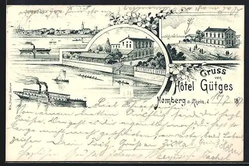 Lithographie Homberg a. Rhein, Hotel Gütges und Rhein mit Dampfern