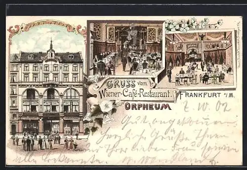 Lithographie Frankfurt, Restaurant Cafe Orpheum, Aussen- u. Innenansichten