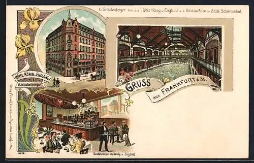 Lithographie Frankfurt / Main, Hotel König von England mit Restauration und Städt. Schwimmbad