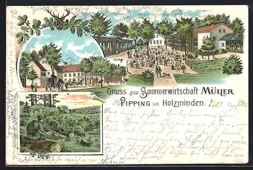 Lithographie Pipping bei Holzminden, Gasthaus Müller und Jagdszene im Wald