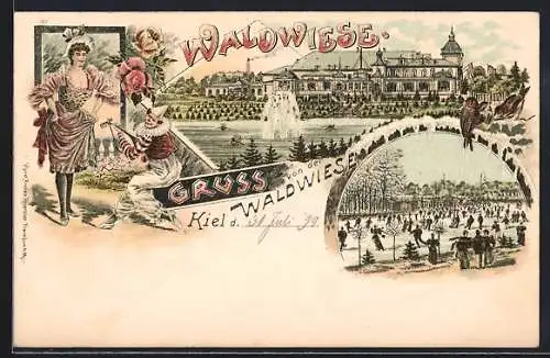 Lithographie Kiel, Gasthaus Waldwiese, Schlittschuhläufer, Dame und Clown mit Mandoline