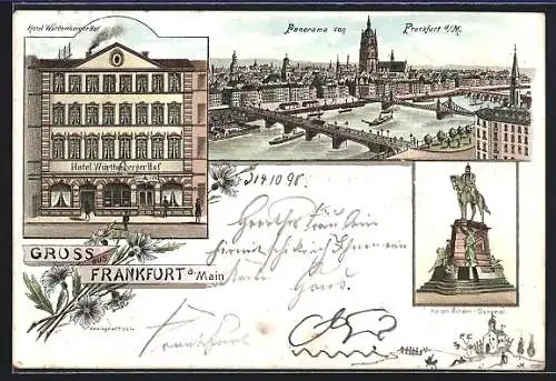 Lithographie Frankfurt a. Main, Hotel Württemberger Hof, Kaiser Wilhelm-Denkmal, Panorama