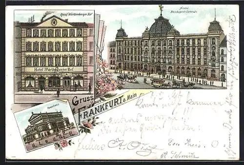 Lithographie Frankfurt a. Main, Hotel Württemberger Hof, Opernhaus, Neues Reichspost-Gebäude mit Pferdebahn