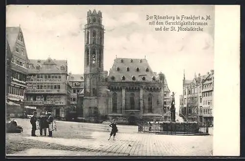 AK Alt-Frankfurt, Römerberg mit dem Gerechtigkeitsbrunnen, der St. Nicolaikirche und mobilem AK-Verkäufer