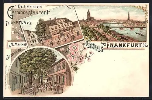 Lithographie Frankfurt a. M., Gartenrestaurant N. Markel, Bergerstrasse 229, Garten, Teilansicht