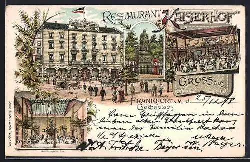 Lithographie Frankfurt a. M., Restaurant Kaiserhof, Innenansichten Gastraum und Wintergarten