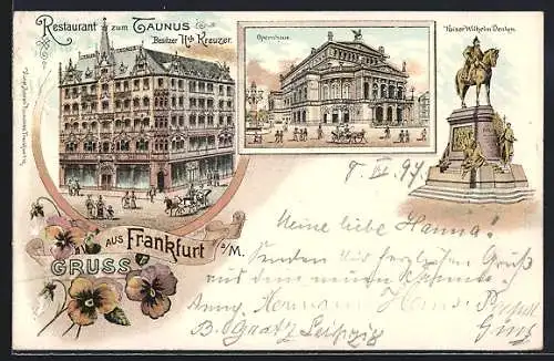 Lithographie Frankfurt /Main, Restaurant zum Taunus, Opernhaus, Kaiser Wilhelm-Denkmal