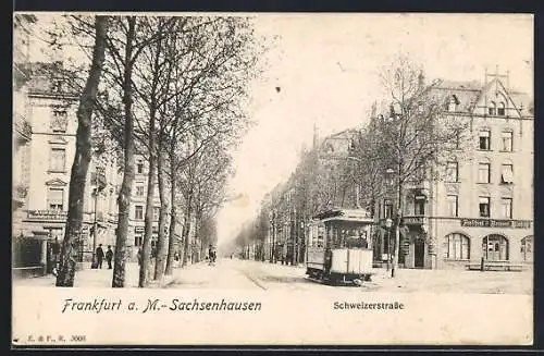 AK Frankfurt a. M.-Sachsenhausen, Schweizerstrasse mit Gasthaus und Strassenbahn