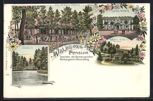 Lithographie Ahrensburg / Holstein, Hotel-Pension Waldburg inmitten der Hamburgischen Waldungen, Garten, Parkpartie