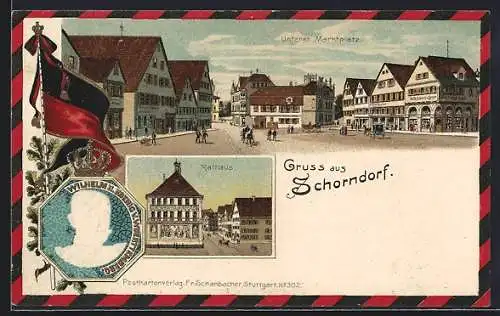 Lithographie Schorndorf / Württ., Rathaus, Unterer Marktplatz, Wilhelm II. König von Württemberg