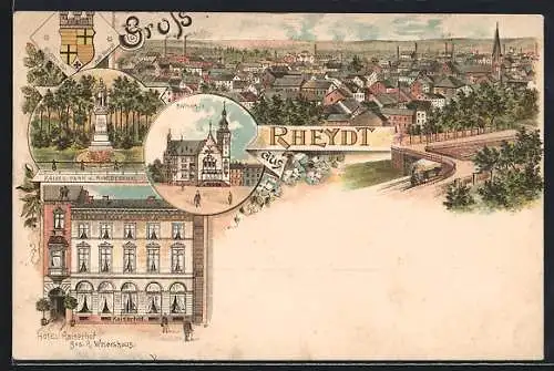 Lithographie Rheydt, Hotel Kaiserhof, Kaiser-Park mit K. W. Denkmal, Rathaus