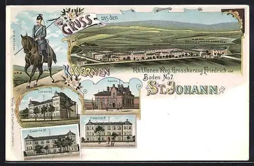 Lithographie St. Johann, Rh. Ulanen Reg. Grossherzog Friedrich von Baden No. 7, Kaserne I, Kaserne II, Casino