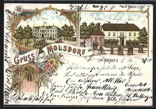 Lithographie Molsdorf, Gasthaus zur guten Quelle, Schloss