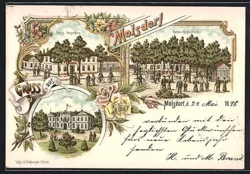 Lithographie Molsdorf, Gasthaus Ernst mit Strasse und Garten, Schloss