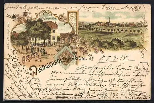 Lithographie Windischholzhausen, Blick auf Gasthaus zur Linde