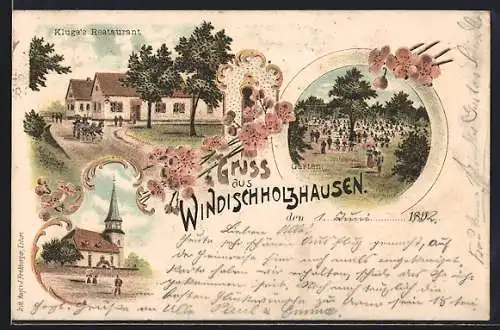 Lithographie Windischholzhausen, Restaurant Kluge, Garten, Kirche