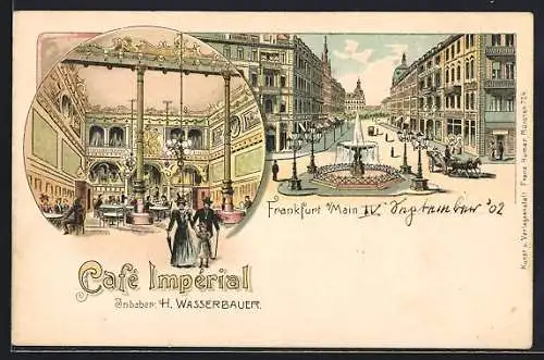 Lithographie Frankfurt a. Main, Cafe Impérial mit Brunnen, Innenansicht