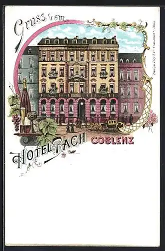 Lithographie Coblenz, Hotel-Restaurant Bach mit Passanten