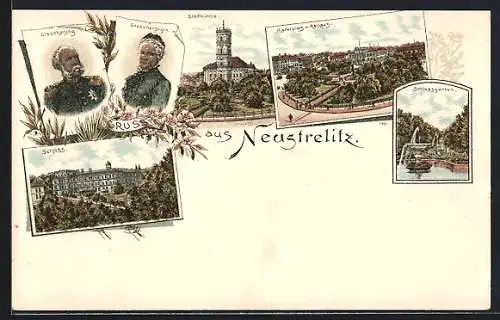 Lithographie Neustrelitz, Grossherzogspaar, Schloss, Stadtkirche, Marktplatz mit Rathaus